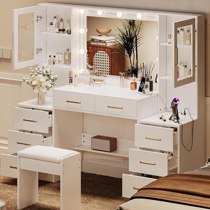 White Vanity Desk with Mirror, Lights & Charging Station, 58.3" 3 Lighting Modes Makeup Desk with 8 Drawers, 2 Cabinets and Lots Storage, Dressing Table Vanity Set with Lighted Mirror