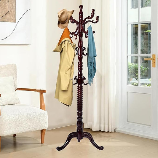 Wood Coat Rack Freestanding, Natural Coats Tree Stand with 14 Hooks, 73" Sturdy and Easy Assembly Coat Rack Stand for Entryway, Hallway, Bedroom, Bags, Hats (Tri-legged Base, Rosewood)