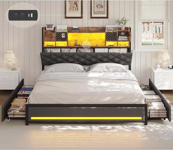 Queen Size Bed Framewith 4 Under-Bed Storage Drawers and LED Light, Queen Bed Frame with Upholstered Headboard and Charging Station,3-Tier Headboard and Hidden Storage Space,Gray