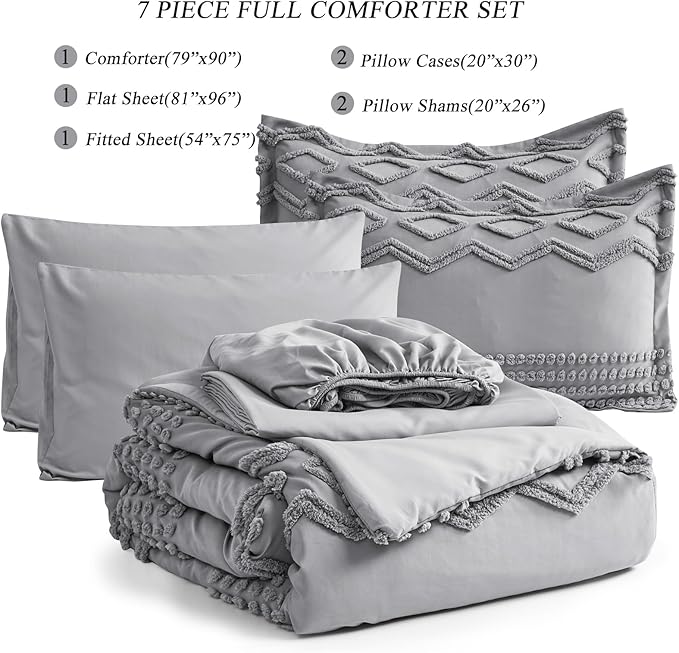 KAKIJUMN Grey Tufted Comforter Set Full Size 7 Piece Bed in a Bag, Shabby Chic Boho Comforter and Sheet Set, Pom Pom Textured Bed Set, All Season Soft Microfiber Complete Bedding Set(Grey,Full)