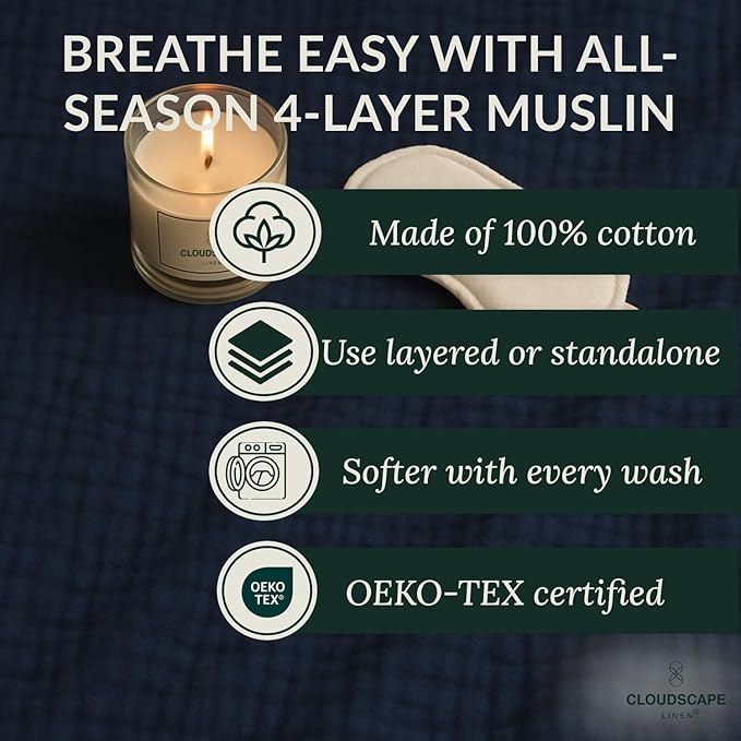 Extra Large 4 Layer Muslin Throw Blanket, 100% Cotton Blanket for Couch, Bed,Sofa, Home Decor,Pre-Washed Gauze, Best Summer Blanket, 50x70, Ensign Blue