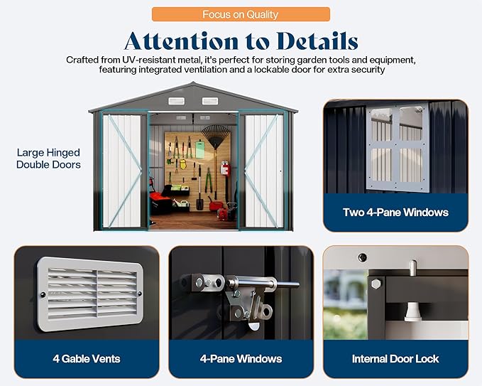 AMERLIFE 10x11.5x7.4 FT Galvanized Steel Storage Shed with 2 Transparent Panels, 2 4-Pane Windows & Hinged Double Doors, Outdoor Shed for Backyard, Patio, Garden, Dark Gray