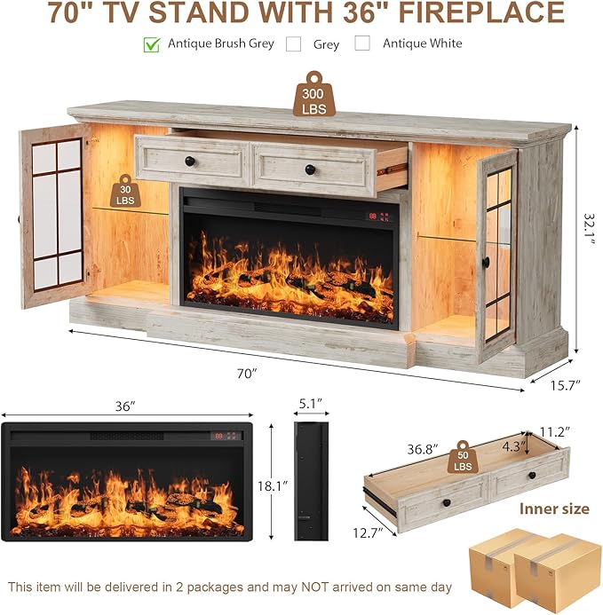 Fireplace TV Stand Up to 80" TVs, 70'' Modern Entertainment Center with 36" Electric Fireplace & LED Lights, Farmhouse Media Console with Storage Cabinet & Drawer for Living Room, Antique Brush Grey