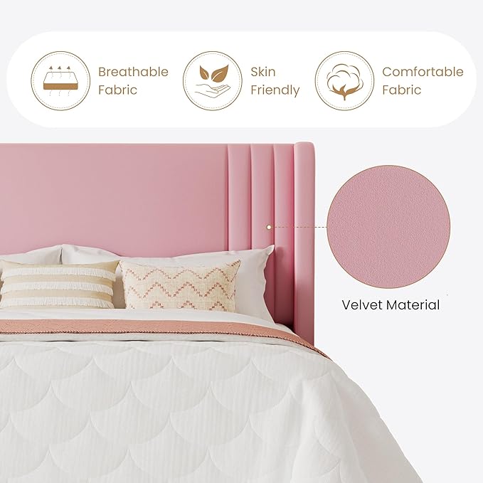 SHA CERLIN Full Size Velvet Upholstered Platform Bed Frame with Vertical Channel Tufted Wingback Headboard, Wooden Slats Support, Easy Assembly, Under Bed Storage, No Box Spring Required, Pink