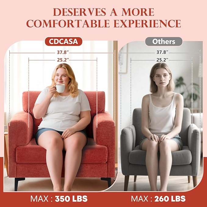 CDCASA Accent Chair, Chenille Fabric Oversized Mid Century Modern Chair Set of 2, Comfy Upholstered Armchair Reading Accent Chairs Sofa Chairs for Bedroom Living Room, Terracotta