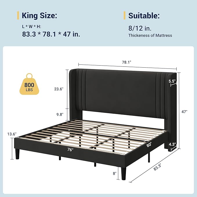 Allewie King Size Velvet Platform Bed Frame with Vertical Tufted Wingback Headboard, Easy Assembly, Under Bed Storage, No Box Spring Required, Modern Style, Black