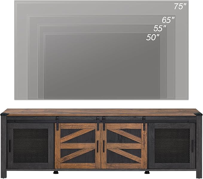 WAMPAT Farmhouse TV Stand for ups to 75 inch TV,Sliding Barn Door Entertainment Center Media TV Console Table with Storage Shelf for Living Room Bedroom，Dark Walnut and Black