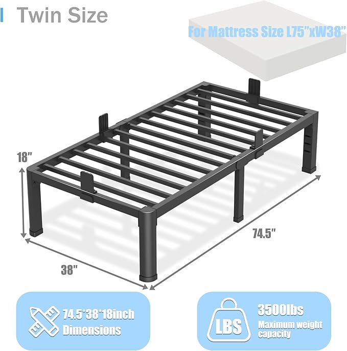 18 inch Twin Bed Frame with Rounded Corner Legs and Headboard Hole Mattress Slide Stopper 3500 LBS Heavy Duty Support Metal Platform,No Box Spring Needed, Noise Free, Easy Assembly