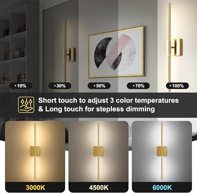 Battery Operated Wall Sconces Set of 2, Battery Wall Sconce with Remote Control, 350°Rotate, LED Rechargeable Sconces,3000K-6000K Wireless Wall Light for Bedroom, Living Room, Hallway(Gold,24Inch)