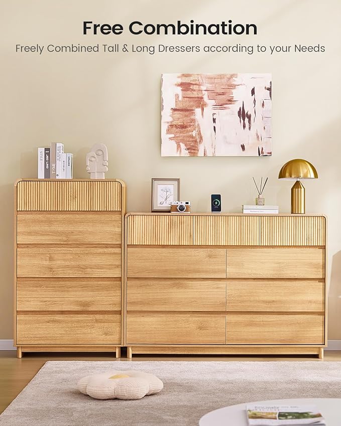 AOGLLATI Modern Wood 9 Drawer Dresser for Bedroom, 55" Long Fluted Double Dressers & Chests of Drawers with Curved Profile Design for Bedroom,Wood