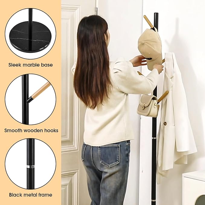 A&M Coat Rack Freestanding with 6 Wooden Hooks & Marble Base - 18 lbs Metal Coat Tree Stand for Hanging Clothes, Hats, Bags, & Jackets - Heavy Duty Purse Rack Stand for Entryway, Bedroom & Office