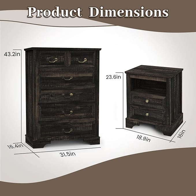 Farmhouse Bedroom Set, 3 Pieces Bedroom Furniture Set, Rustic Wood Tall 6 Drawer Dresser and Nightstands, Chest of Drawers Wide Storage Organizer Cabinet for Bedroom