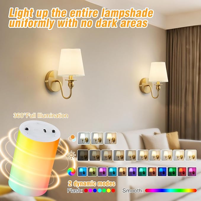 Battery Operated Wall Sconces set of Two,Wireless Wall Sconces with 10000mAh Dimmable Bulb and Remote,LED 15 Colors Rechargeable Gold Wall Sconce with Fabric for Bedroom Living Room Hallway Wall Decor