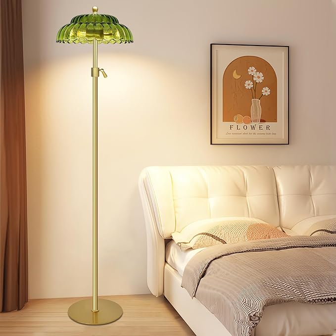 Vintage Floor Lamp with Remote Control, Gold Floor Lamp with 3 Color Temperature,Mid Century Modern Standing Lamp with Glass Lamp Shape,Brass Flower Lamp Tall Glass Floor Lamps for Living Room Bedroom