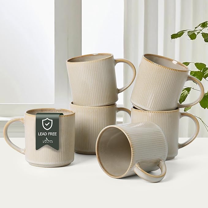 MONITO Coffee Mugs Set of 6, 16 oz Mugs Set, Ceramic Coffee Cups with Large Handles, Suitable for Lattes, Hot tea, Cappuccinos, Mochas and Cocoa,Bonbon Beige
