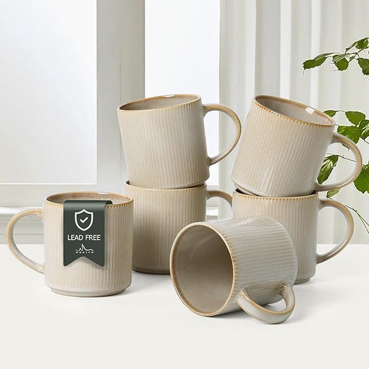 MONITO Coffee Mugs Set of 6, 16 oz Mugs Set, Ceramic Coffee Cups with Large Handles, Suitable for Lattes, Hot tea, Cappuccinos, Mochas and Cocoa,Bonbon Beige