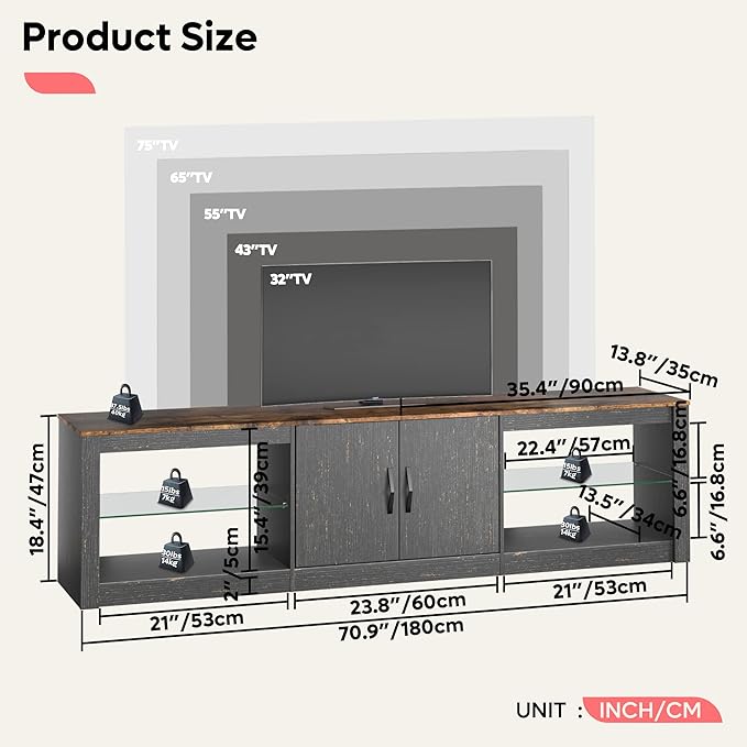 Bestier 70 Inch Led TV Stand for 75 Inch TV Large Entertainment Center Gaming with Adjustable Glass Shelves Two Cabinets Modern TV Console for Living Room 22 RGB Modes, Golden Black