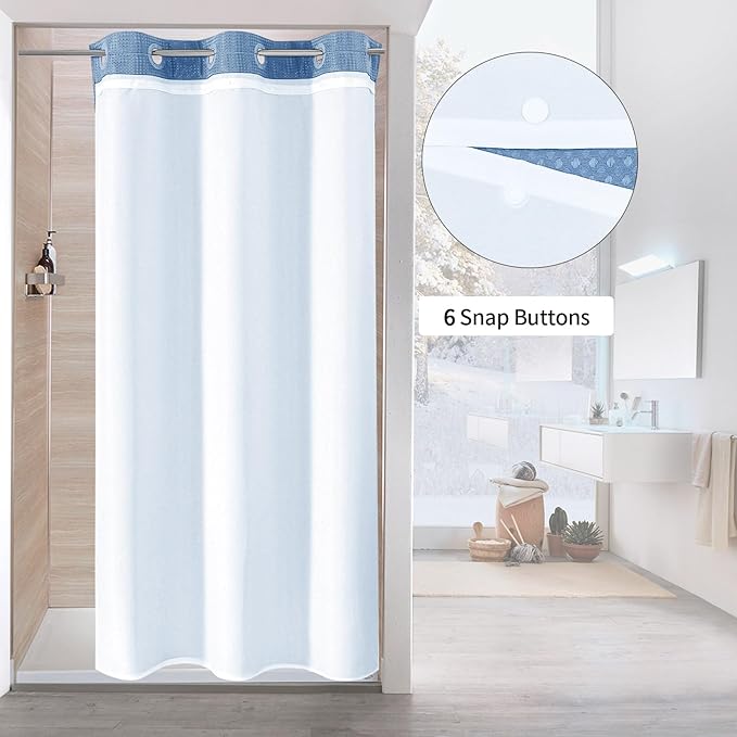 MitoVilla Blue Waffle Small Stall Shower Curtain 36 x 74, No Hooks Required Half Size Narrow Fabric Cloth Shower Curtain Set with Snap-in Liner for Modern Bathroom Decor, Moonlight Blue