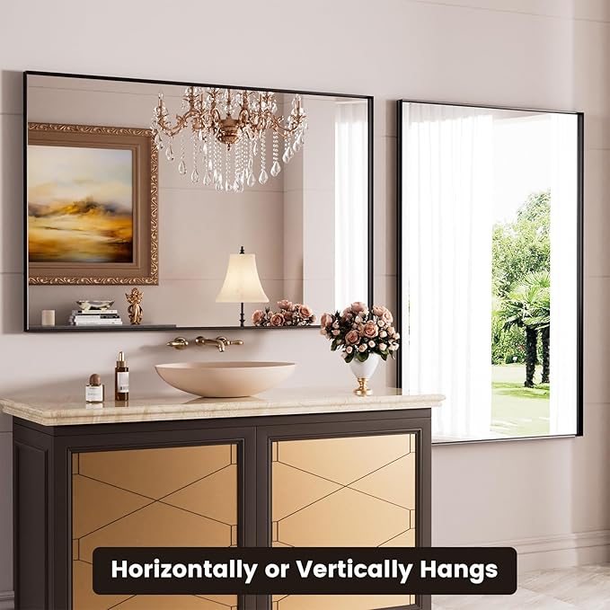 Bathroom Mirror Black,55x36 Inch Large Matte Black Bathroom Vanity Mirror,Rectangle, Square Corner, Anti-Rust,Shatter-Proof, Bedroom, Living Room, Entryway, Wall-Mounted(Horizontal/Vertical)