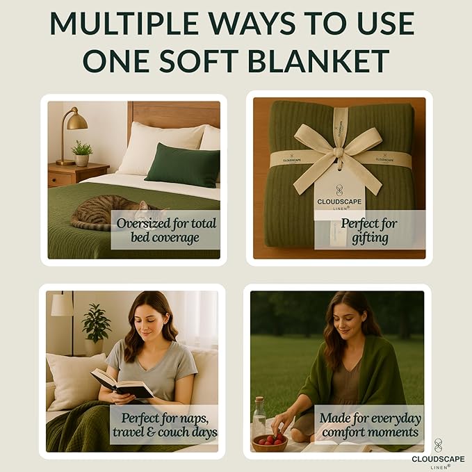 Soft 4 Layer Muslin Cotton Blanket King Size,100% Cotton Blanket, Lightweight and Breathable for All Season, Best for Spring, 92x108, Olive Green