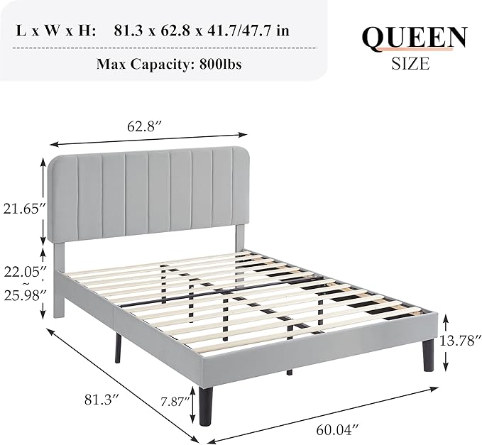 VECELO Queen Size Bed Frame with Upholstered Headboard, Velvet Platform Bedframe Mattress Foundation, Strong Wood Slat Support, No Box Spring Needed,Light Grey