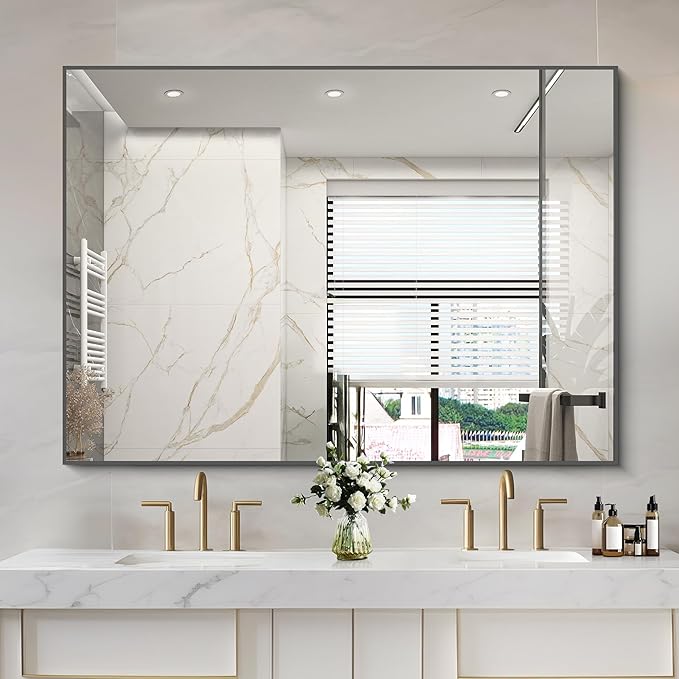 36x50inch Bathroom Mirror, Black Rectangle Mirror with Thin Metal Frame, Large Rectangular Wall Mirror for Bathroom, Living Roomm, Hair Salon, Big Farmehouse Mirror Hang Horizontal/Vertical