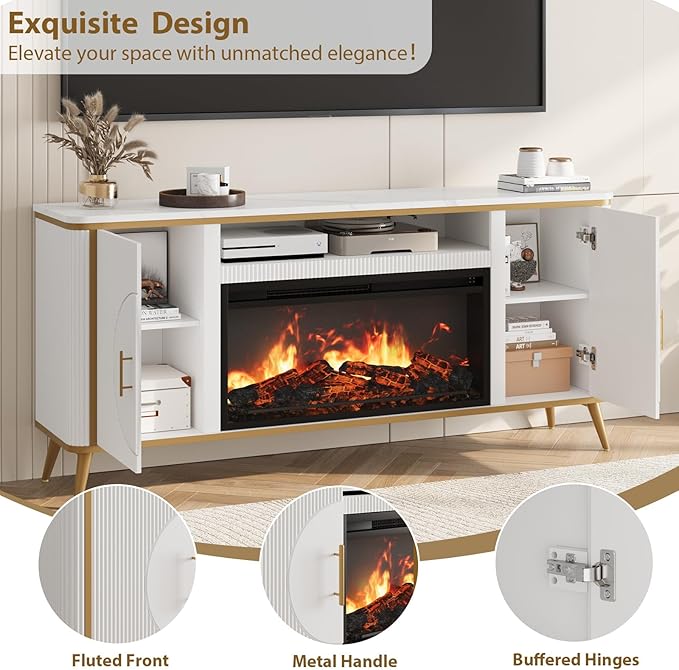 Fluted Fireplace TV Stand Up to 80" TVs, Modern Entertainment Center with 30" Electric Fireplace, Luxury Media Console with Adjustable Shelves for Living Room, White