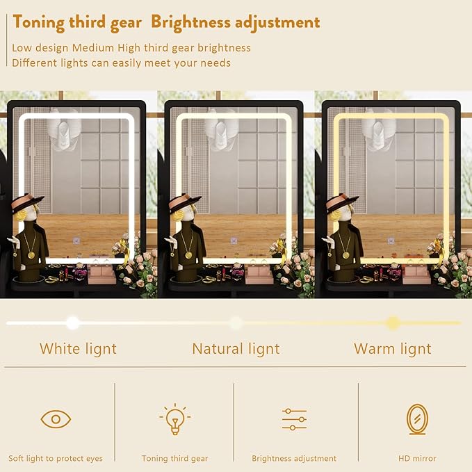 ECACAD Vanity Desk, Vanity Table Set with LED Lighted Mirror, Makeup Vanity Dressing Table with 5 Drawers, Storage Shelves and Cushioned Stool, Black