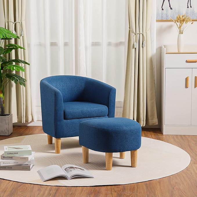 DAZONE Accent Chair, Mid Century Modern Chair with Ottoman, Comfy Arm Footrest Set Comfortable Living Room Chairs Upholstered Barrel Round Club Tub Sofa for Bedroom Reading Room, Blue Set of 1