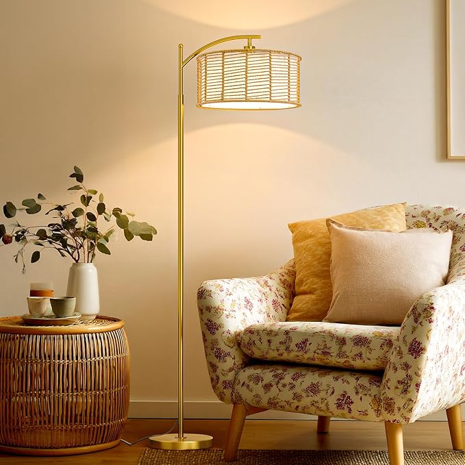 Oneach 62.5" Arc Floor Lamp for Living Room, Rattan Boho Floor Lamp with Gold Metal Base, Double Shades, Farmhouse Rustic Modern Standing Lamp for Bedroom Office Corner