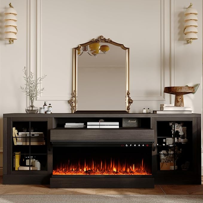 CharaVector 3-Sided Farmhouse TV Stand for TVs up to 75'', Modern TV Console with Glass Door Storage Cabinet, 60'' Large TV Stands for 30''Fireplace, Brown (ONLY TV Stand)