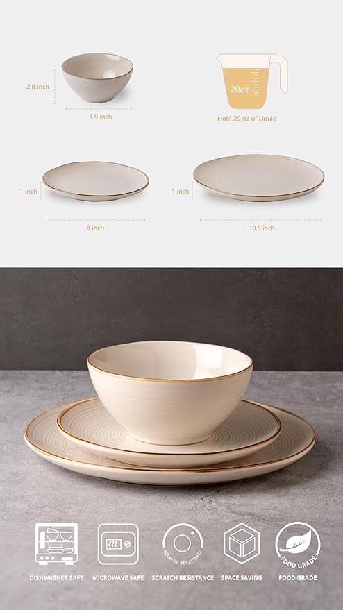 famiware Tempus Plates and Bowls Sets for 8, 24 Pieces Stoneware Dinnerware Sets, Dishes Set, Reactive Glaze Dishware Sets, Dishwasher & Microwave Safe - Antique White