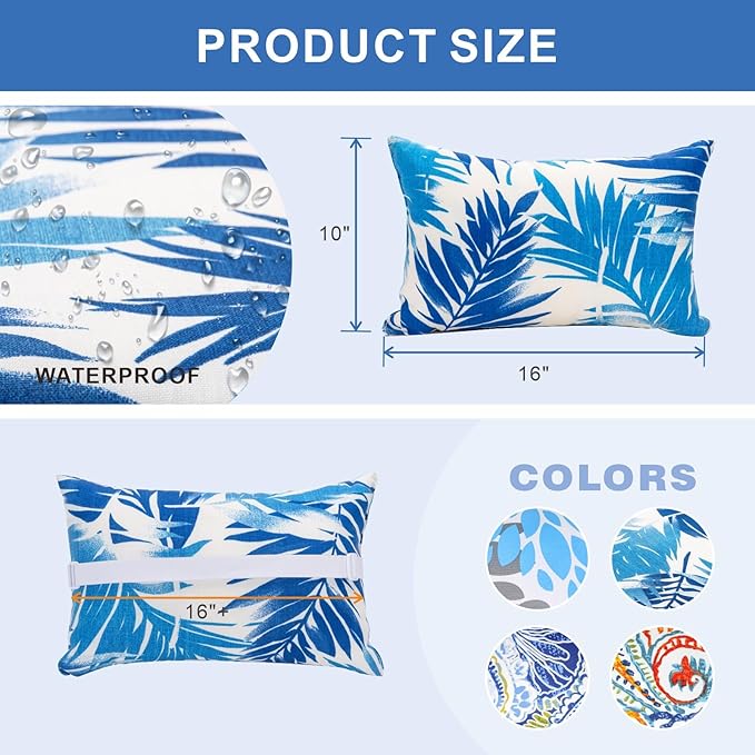 JMGBird Outdoor Pillow for Chaise Lounge Chair Set of 4 Waterproof Headrest Pillow Lumbar Pillows with Insert & Adjustable Elastic Strap for Beach Poolside Patio Office, 10x16 Inch