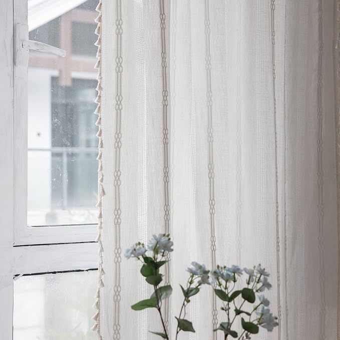 Boho Curtains for Bedroom Embroidery Striped Farmhouse Curtains 63 Inch Length 2 Pannels for Living Room Off White Linen Semi Sheer Rod Pocket Drapes(52" W x 63" L,White)