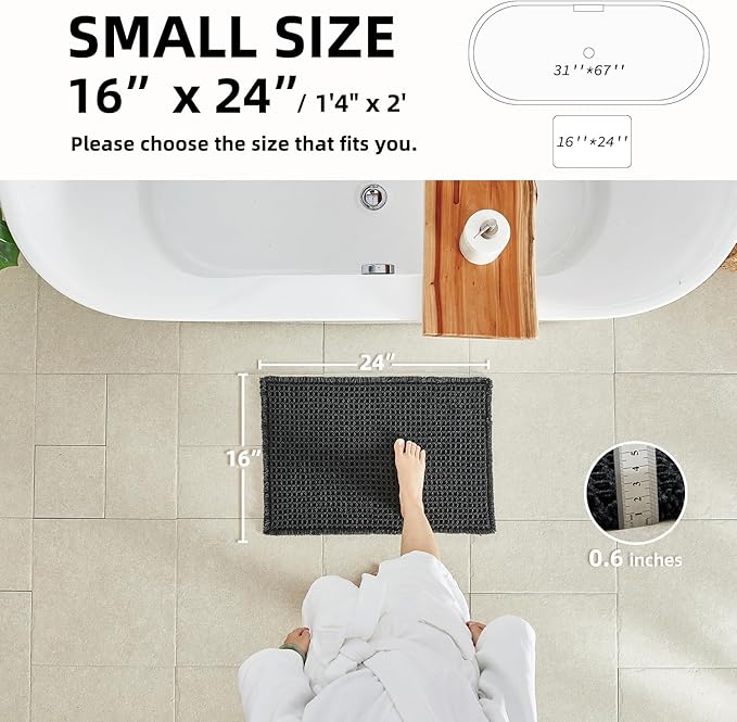 Black Bathroom Rug, Waffle Bath Mat Non Slip Washable Super Absorbent Quick Dry Boho Farmhouse Bathroom Decor, 24"x16" Black