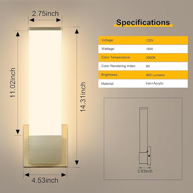 Kalium 14in Modern Wall Sconces, Dimmable Bathroom Vanity Lights, 3000K Warm White LED Indoor Sconces Lighting for Bathroom, Stairs, Living Room, Bedroom. Hardwired.