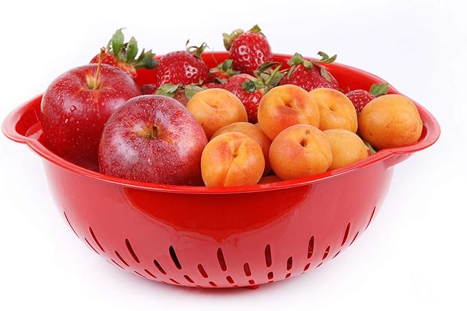 Mintra Home Mixing Bowl w/Colander (Large 4.5L, Red) - For Washing & Draining Fruits And Vegetables - Heavy Duty Plastic for Baking, Cooking Supplies - Dishwasher Safe