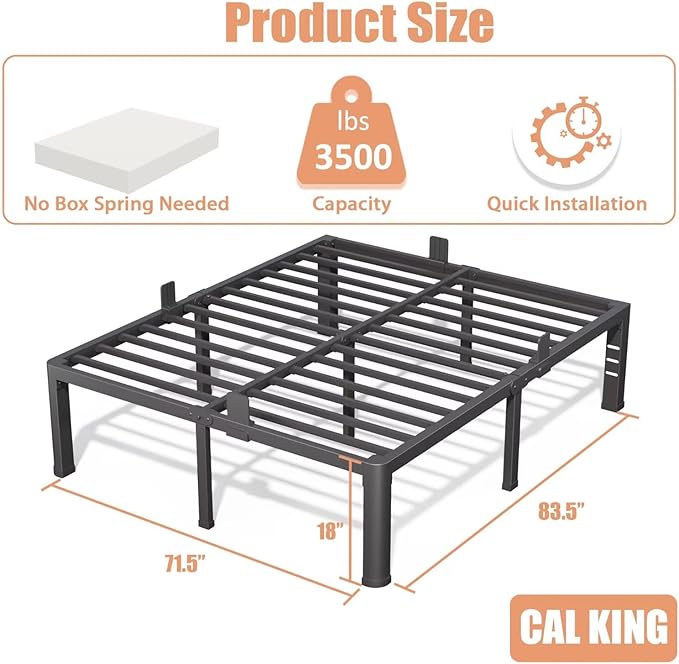 18 Inch California King Bed Frame with Rounded Corner and Headboard Hole Mattress Retainers 3500 lbs Heavy Duty Support Metal Platform Bed Frame Noise Free No Box Spring Needed Easy Assembly
