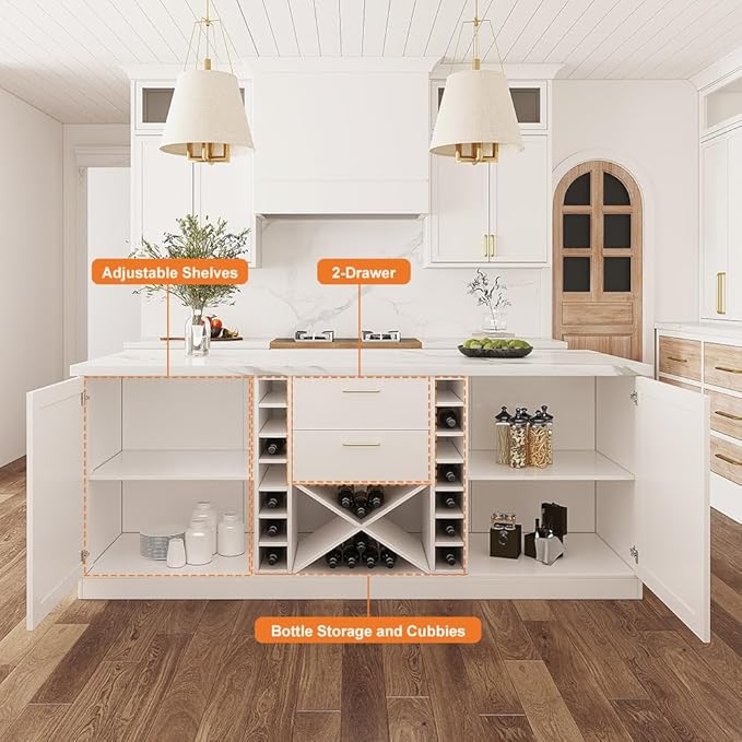 homary 72'' Kitchen Island with Seating Island Table with Wine Storage & 2 Drawers Marble Dining Table for 4 People