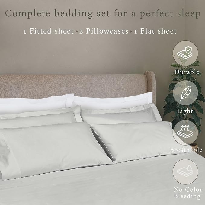 Threadmill Cotton Sheets for King Size Bed, 100% Cotton, 500 Thread Count, Deep Pocket Sheet Set for King Size Bed, Snug Fit, Soft & Crisp Cooling Hotel Quality Bed Sheets 4 Piece Set, Light Grey