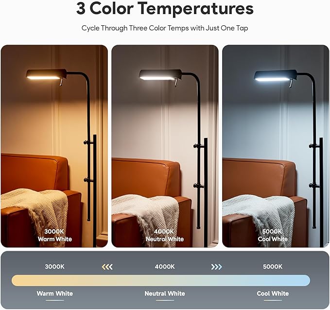 VONLUCE LED Floor Lamp, 62.5" Industrial Floor Lamp for Living Room with Adjustable Height Swing Arm Head 3 Color Temperatures, Metal Standing Pole Lamp for Bedroom Reading, Black