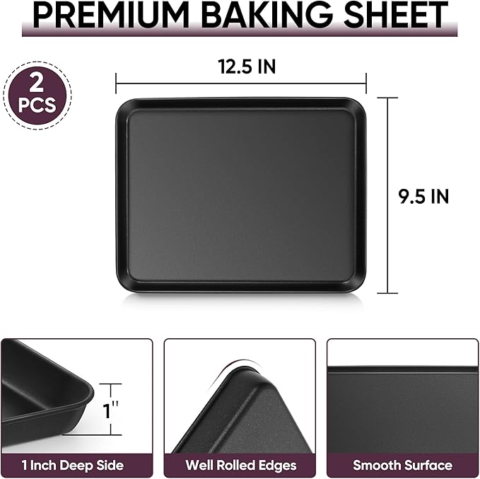 E-far Baking Sheet Set of 2, 12.5" x 9.5" x 1" Cookie Sheet Pan for Baking, Nonstick Carbon Steel Baking Trays for Oven, Heat-Resistant & Easy Clean, Black