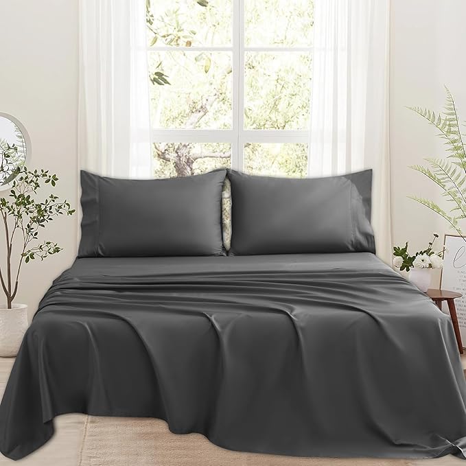 Bedlifes 1000 Thread Count 100% Egyptian Cotton King Size Sheets Set - Sateen Soft Silky Breathable Luxury Cooling 4 Pieces (Dark Grey)
