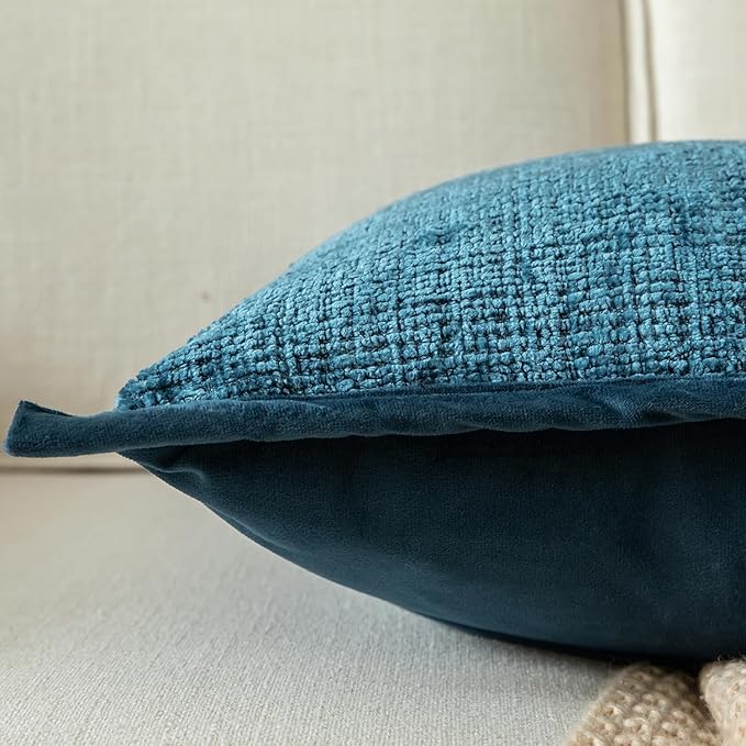 Yaertun Pack of 2 Chenille Textured Decorative Throw Pillow Covers Accent Solid Cushion Cover Soft Cozy Pillow Case with Velvet Back for Couch Sofa Bed Living Room 16x24 Inch Blue