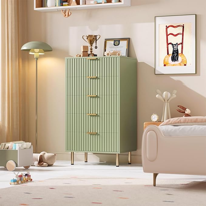 5 Drawer Dresser for Bedroom, 48" Tall Modern Chest of Drawers with Deep Drawers and Wide Top, Fluted Wooden Dresser Organizer for Living Room, Hallway, Kids Room, Green