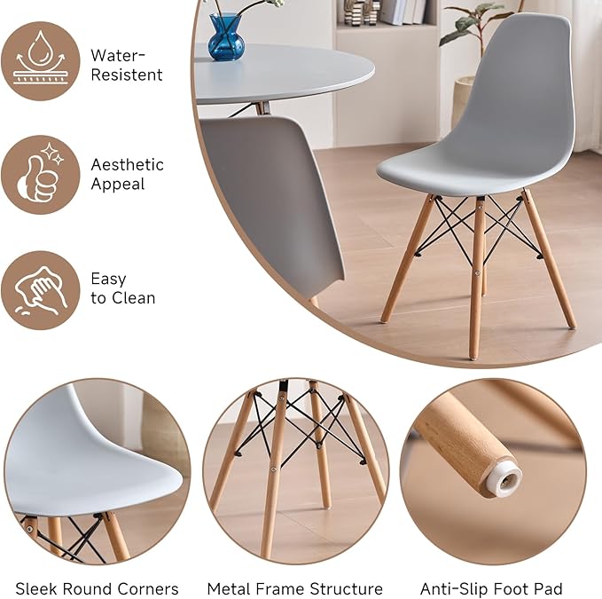 35.5'' 5 Piece Round Dining Table Set for 4, Mid-Century Modern Table with Chairs, Space Saving, Plastic Seats, Wood Legs, Circle Dinner Table for Kitchen, Home, Apartment, Gray