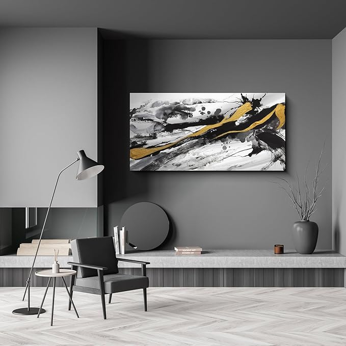 XLSJERST Black and White Abstract Wall Art - Canvas Wall Art for Living Room Bedroom Modern Gold Ink Painting Style Picture Artwork for Wall Decor Size 24x48 Inches