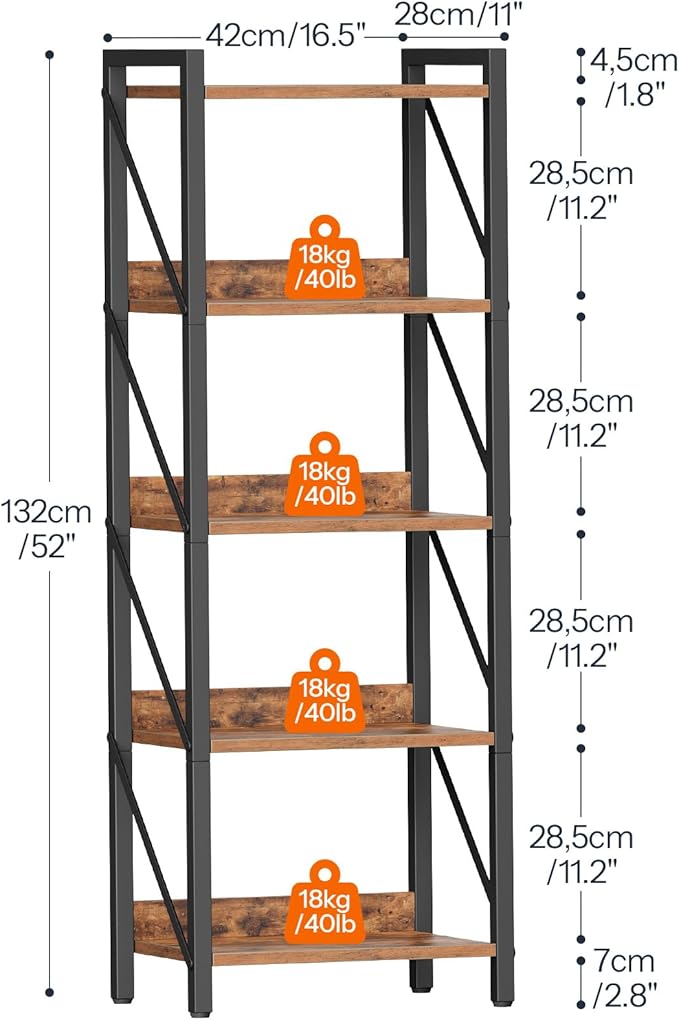 HOOBRO Bookshelf, 5-Tier Industrial Bookcase, Book Shelf Storage Organizer, Tall Bookshelf with Metal Frame for Living Room, Bedroom, Home Office, Kitchen, Rustic Brown and Black BF73SJ01