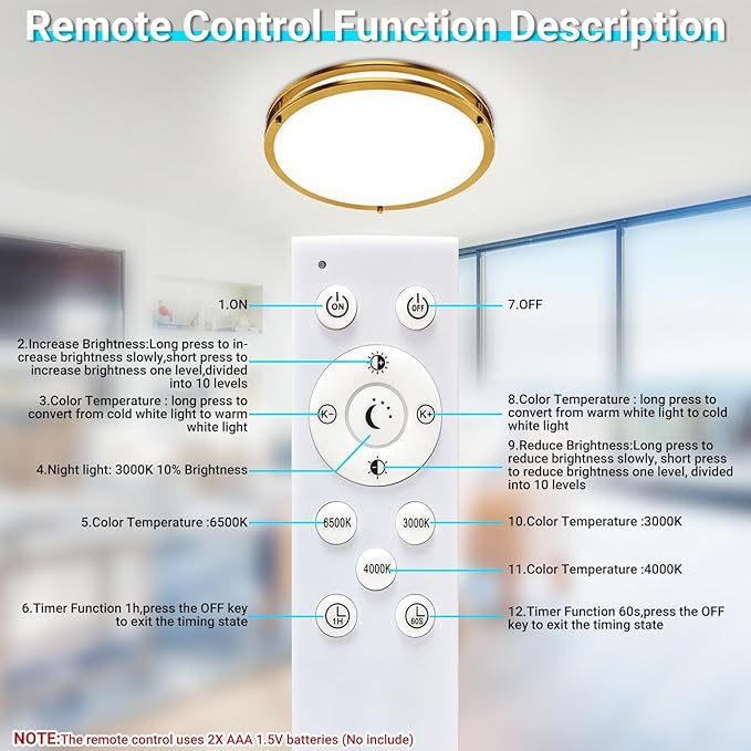libtit 13 Inch LED Ceiling Lights with Remote for Bedroom Kitchen, 24W 2400lm Super Bright & Dimmable Flush Mount Light Fixtures, 2700K-6500K Adjustable Modern Lamps with Timer, Gold, 2Pack