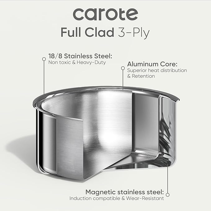 CAROTE Stainless Steel Sauce Pan with Detachable Handle, 8pcs Stainless Steel Pot, 1.5QT&2QT&3QT Saucepan with Lid, Non-Toxic Induction Kitchen Cookware, Removable Handle, Oven Safe, Woodgrain